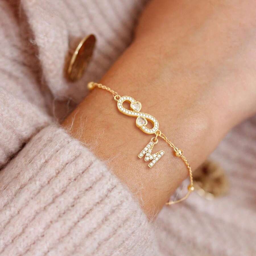 1条简约时尚心形无限符号字母金色不锈钢珠链手链，女士款 - 金黃色 - 查看 1