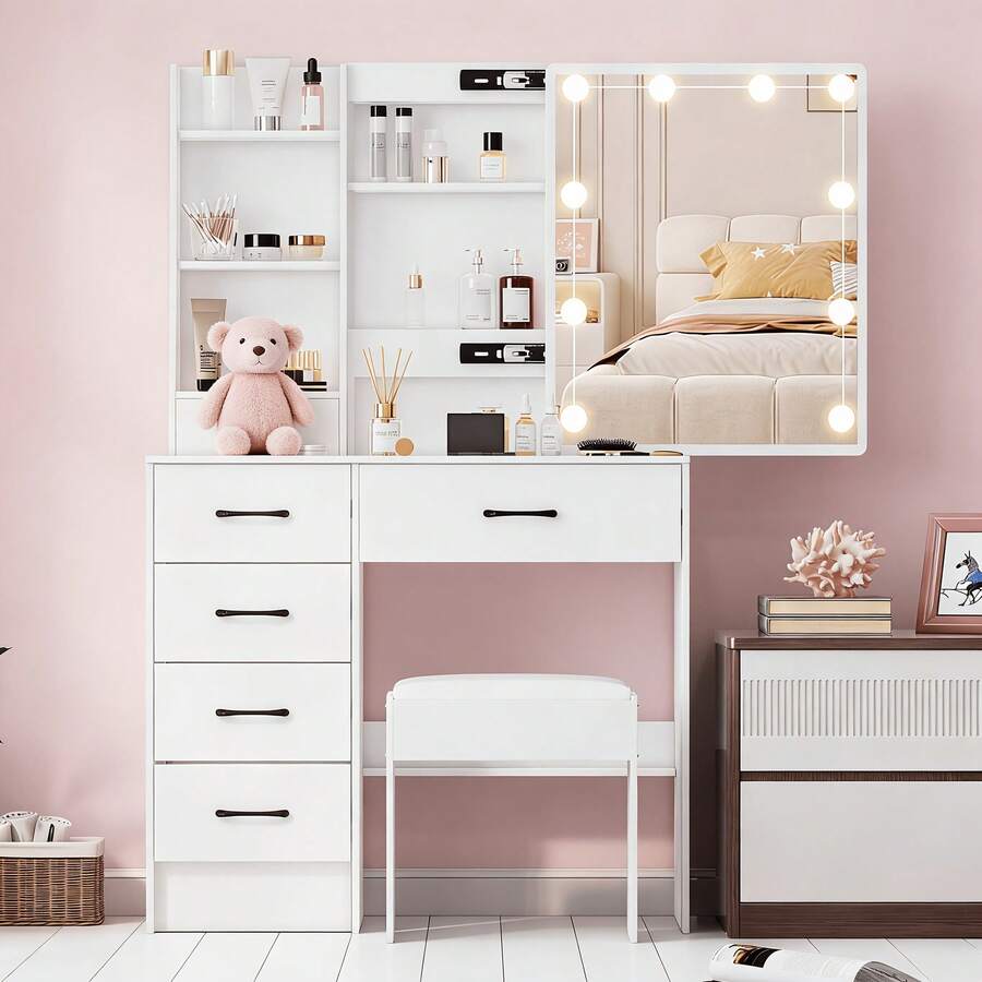 Vanity Desk With HD Lighted Mirror, Makeup Vanity Table With Drawers & Shelves, 3 Color Light & Adjustable Brightness, Bedroom, Living Room Dressing Table, Gift For Women - trắng - Xem 1