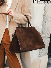 Vintage Brown Suede Tote Bag - Large Capacity Commute Shoulder Bag With Magnetic Closure, Nylon Lining, And Durable Handles, Ideal For Everyday Use, Everyday Tote Bag | Vintage Style Bag | Durable Handles, Tote Bag, New Fall Fashion 2025 For Women - 咖啡 - 查看 7
