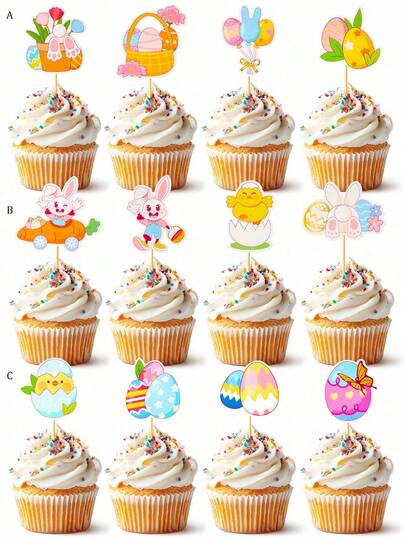 6pcs/12pcs Easter Cupcake Toppers, Cute Rabbit, Eggs, Chicks Cake Decorations, Suitable For Easter Party, Birthday, Baby Shower, Cake Decorating Supplies