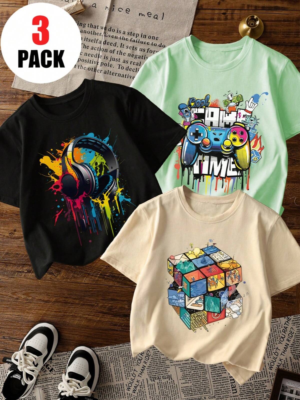 3 pièces/Set T-shirts à col ras du cou à manches courtes avec imprimé graphique décontracté pour garçons préadolescents, vêtements d'été pour étudiants et jeunes - T-shirts avec imprimés de console de jeu colorée et de casque apportant joie et bonheur à chaque enfant ! 7