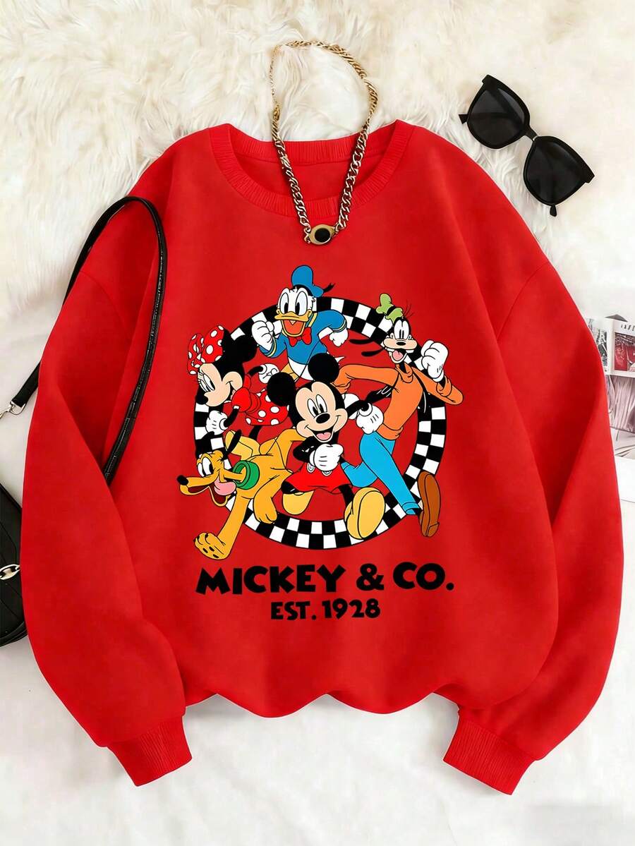 1pc Disney Mickey Mouse & His Cartoon Buddies Tween Boys Retro Sweatshirt (Classic Cartoon Crew Print) - Lightweight & Easy-Care For Everyday Wear & Youth Group Activities - Rouge - Voir 1