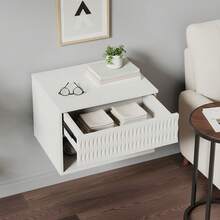 RESENKOS Floating Space-Saving Set Of 2 Nightstands, Wood Bedside Tables With Drawer & Open Shelf, Silent Metal Slides, Wall-Mounted Night Stand For Bedroom Small Apartment - Ancient White - 查看 7