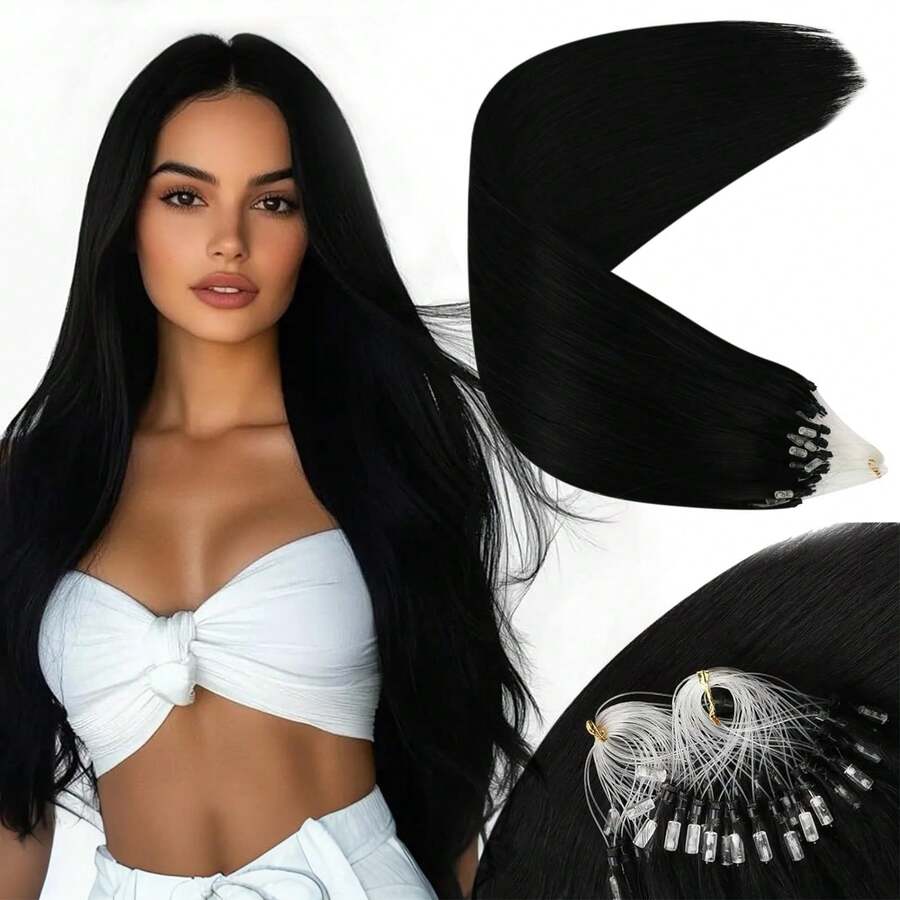 Straight Micro Loop Real Human Hair Extensions Microlink Micro Ring Link Hair For Women 30g/Pack 30 Strands Micro Beads Hair Extensions Silk Straight Human Hair Extensions - Natural Black - View 1