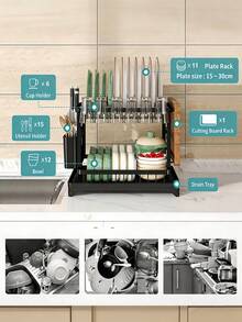 Escurridor de 2 niveles, estante de almacenamiento de acero al carbono para encimera de cocina con bandeja de goteo, negro - Multicolor - Ver 10