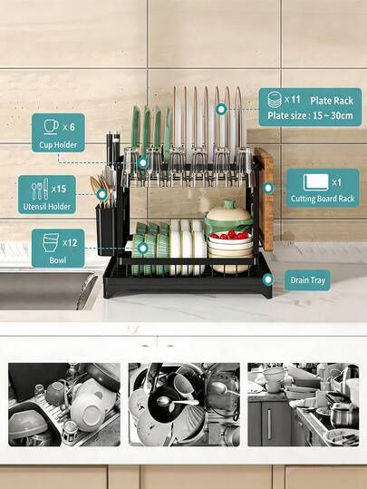 2-Tier Dish Rack, Carbon Steel Kitchen Countertop Storage Rack With Drip Tray, Black