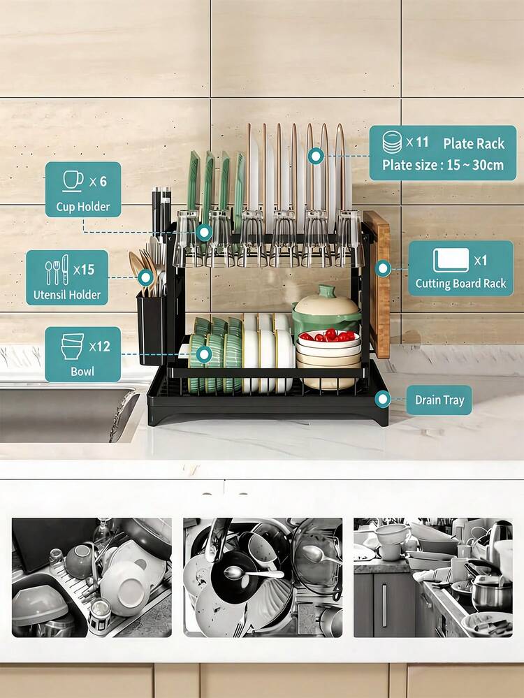 2 Tier Dish Rack Plate Cup Drying Drainer Storage Drip Tray Cutlery Holder Home Kitchen Organizer Carbon 2 Tier Large Dish Drying Rack For Kitchen Counter With Drainboard Stainless Steel Dish Drainer For Dish/Knifes/Cup/Cutting Board, Black - Multicolor - View 9