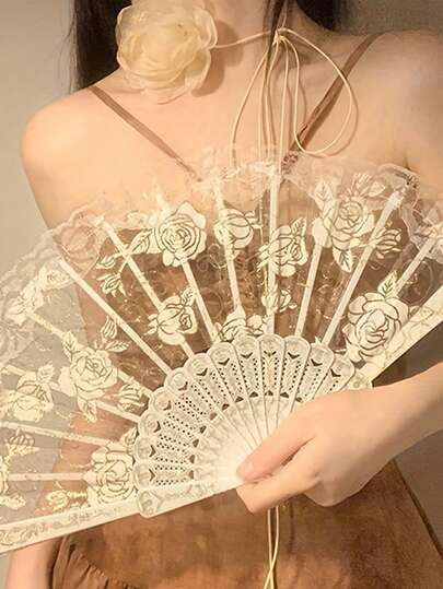 5把/10把玫瑰蕾丝折扇，复古优雅设计，可折叠方便携带，适合户外表演、派对、西班牙婚礼等场合，多种颜色可选，可作婚礼回礼，DIY手绘纸扇，复古蕾丝手扇，适用于舞台表演、派对装饰、化装舞会等。