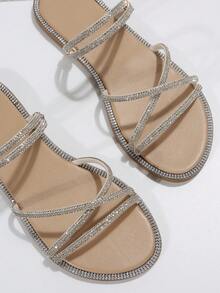 Sandal nữ mùa hè tối giản, nhẹ, kiểu dáng hở mũi, quai chéo, đính đá pha lê, thích hợp cho hoạt động ngoài trời, đi biển hoặc nhiều phong cách. - Màu be - Xem 8