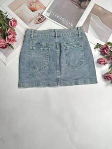 女士梭织牛仔短裙，直筒款式，中等弹力，适合派对、优雅、可爱场合。 - 藍色 - 查看 7