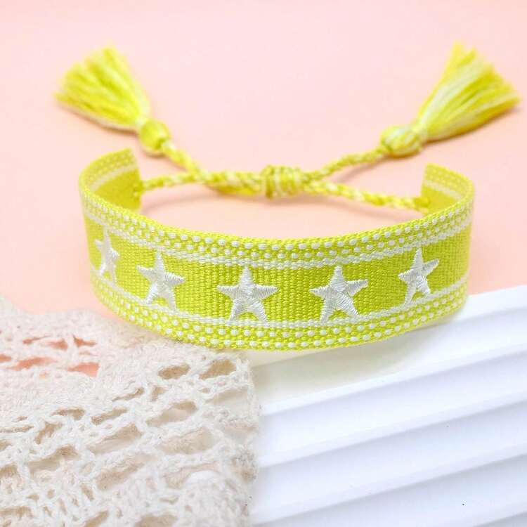 1pc Handmade Woven Bracelet With Embroidered Pentagram - Neon - View 4