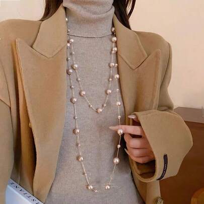 1pc Fashionable Long Faux Pearl Necklace, Minimalist Elegant Sweater Chain, Versatile For Autumn/Winter
