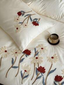 Set de lenjerie de pat 3 bucăți din material textil creț, moale și confortabil (1 husă de pilotă + 2 fețe de pernă, umplutura nu este inclusă), model brodat floral, potrivit pentru dormitor, cameră de oaspeți, băieți și fete, lavabil la mașină - Mov Mov - Vizualizare 8