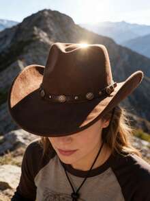 1 chiếc mũ cao bồi denim, kiểu dáng miền Tây cổ điển, thích hợp cho hoạt động ngoài trời, leo núi, lễ hội âm nhạc, trang trí đinh tán, mũ chống nắng giả da lộn. - A - Xem 3