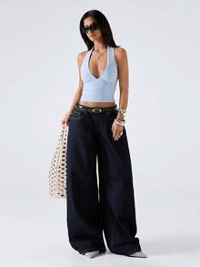 LYSMO 2026新款极简主义春夏浅蓝色纯色露背吊带短款背心，适合夏季度假、春假、夏季海滩休闲外出穿着 - 藍色 - 查看 5