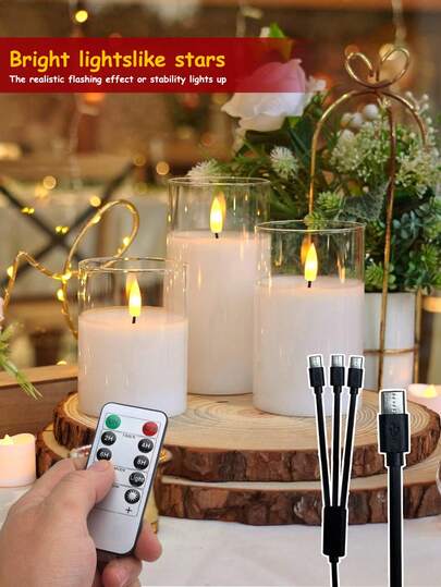 Bộ 3 đèn nến sạc điện có thể điều chỉnh độ sáng và điều khiển từ xa, sạc USB, 3 cáp sạc Type-C, nến trắng ấm không lửa, quà tặng trang trí nhà cửa sáng tạo, ngọn lửa ấm áp cho đèn lồng, sân vườn, Giáng sinh, đám cưới, Halloween, Ngày lễ tình nhân, sinh nhật, trang trí nhà cửa.