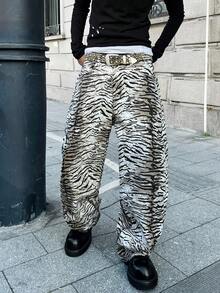 1pc American Vintage Zebra Print Loose Denim Jeans |   Street Hip-Hop Fashion, Non-Stretch Fabric, Regular Length, All-Season, Pocket Details, Belt Not Included - 風格 - 查看 6