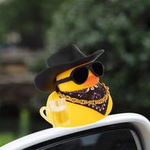 ROJEMXVE 1 con vịt cao su trang trí xe hơi, quà tặng văn phòng vui nhộn, trang trí bảng điều khiển xe hơi độc đáo với mũ cao bồi (mũ đen) - A - Xem 5