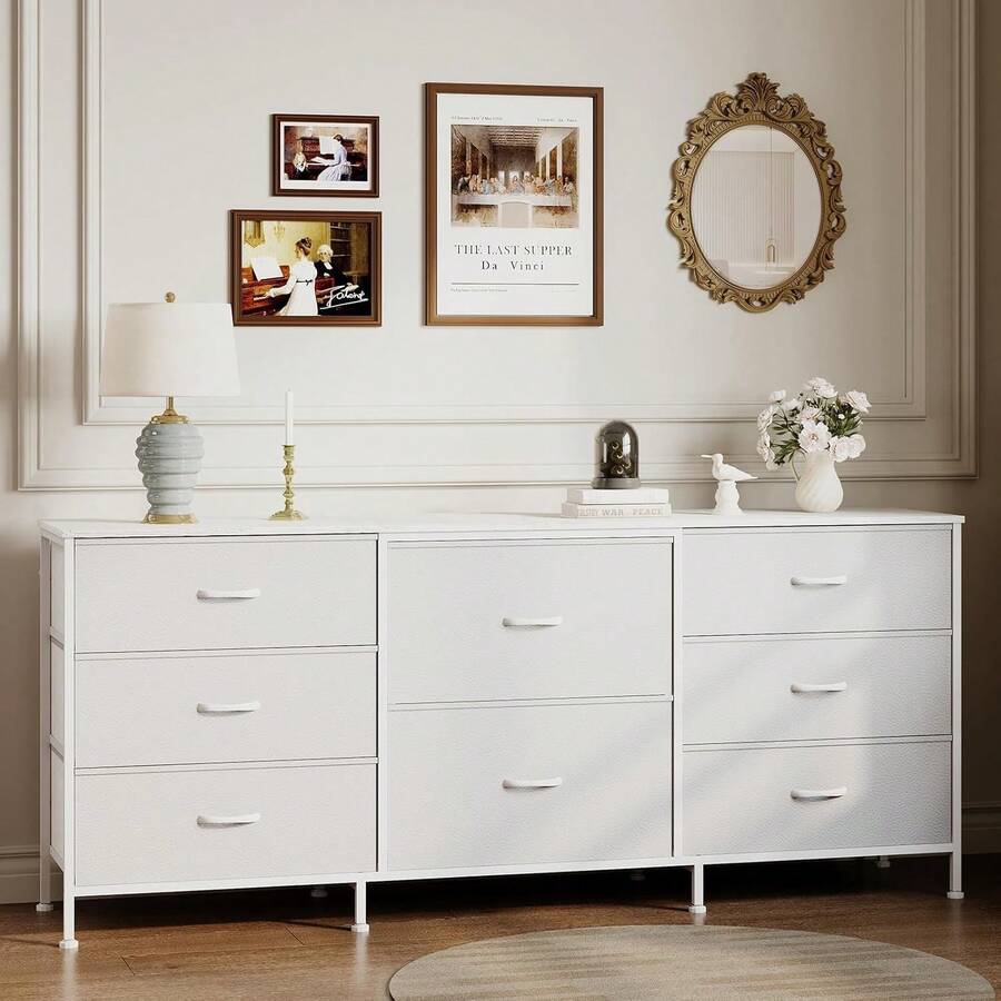Beaully 8 Drawer Fabric Dresser With Wooden Top, TV Stand & Storage Organizer, Metal Frame Chest For Bedroom Living Room Closet, 63" W X 27" D X 14" H - 白色 - 查看 1