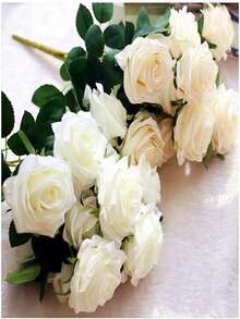 Bó hoa hồng giả bằng lụa gồm 10 cành, thích hợp để trang trí nhà cửa, văn phòng, tiệc tùng và đám cưới. - trắng - Xem 5