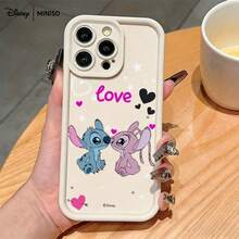 MINISO X Disney Stitch & Angel "Love" Couple Imitation Liquid Printed Phone Case Compatible With IPhone 17/17 Pro/17 Pro Max/17 Air/16/15/14/13/12/11/X Series Iphone 17 Pro Max Case Iphone 17 Pro Case Iphone 17 Case Stocking Stuffers The Girlfriend - White - View 3