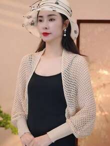 1件夏季必备冰丝披肩，空调披肩，时尚开衫，可搭配旗袍或连衣裙，韩式网纱袖设计，防晒。 - 米色 - 查看 9