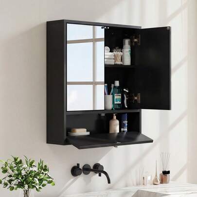  COSTWAY Wall-Mounted Bathroom Cabinet With Mirror, Double Door Storage Cabinet W/ 3-Level Adjustable Shelf And Flip-Open Compartment, Space-Saving Wall Cabinet For Entryway, Bathroom, Laundry Room, Black