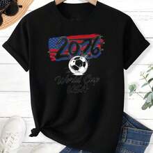 1pc- 2026 World Cup Distressed American Flag Soccer Tee - Breathable Lightweight T-Shirt - Soccer Ball  Graphic For World Cup Fans USA Events - 黑色 - 查看 2