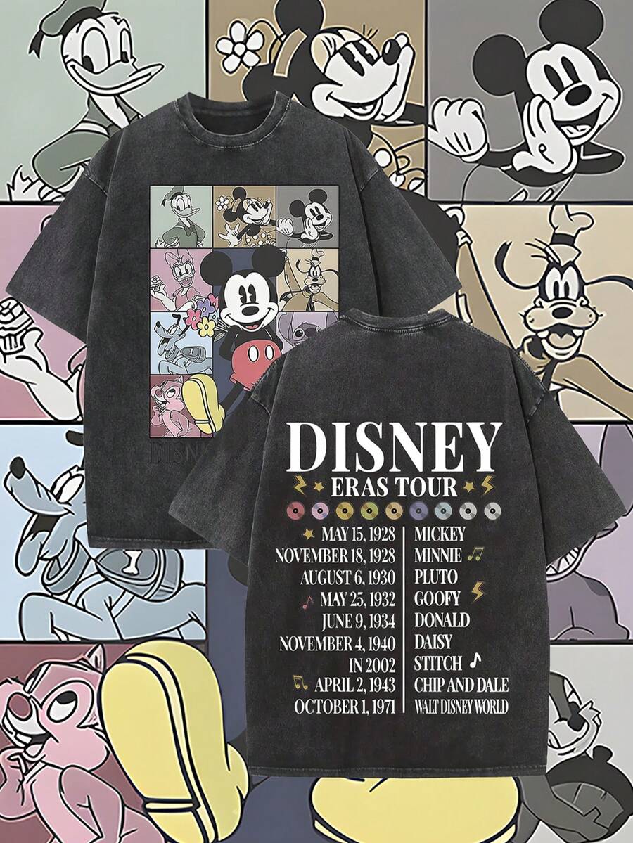 Disney, Disney Mickey Mouse ; T-shirt d'été à manches courtes pour homme, effet vieilli, coupe unique, pur coton, confortable et respirant, style streetwear décontracté, col rond ; une marque de mode de haute qualité, un cadeau surprise idéal pour la famille et les amis. - Noir - Voir 1