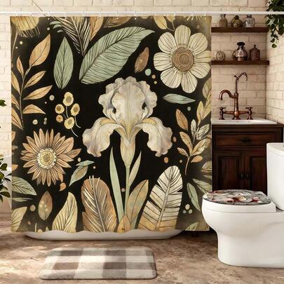 Vintage Black Iris Floral Shower Curtain, Elegant Watercolor Iris Flower With Palm Leaves Foliage Pattern Waterproof Quick Dry Polyester Bath Curtain With Hooks, Boho Botanical Bathroom Decor For Women, Dark Academia Style Home Restroom Decoration Gift