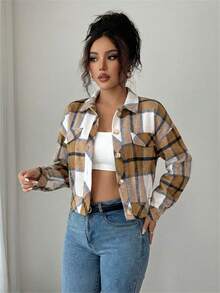 Spring Fall Plaid Tweed Jacket Women's Notch Lapel Button Front Faux Pockets Long Sleeve Casual Resort Coat - 卡其色 - 查看 3