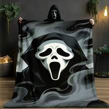 1PC Glowing Ghostface Horror Flannel Throw Blanket 50"X60" (Multiple Sizes) - Iconic White Scream Mask With Black Hood & Ink Wash Smoke, Tapestry Wall Hanging, Halloween Gift, Room Decor, Perfect For Sofa, Bed, Office, Horror Fan Gift - nhiều màu 1 - Xem 1