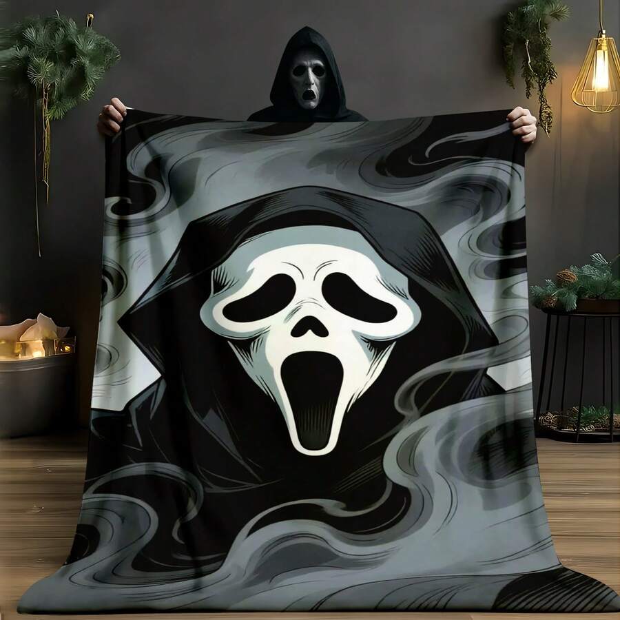1PC Glowing Ghostface Horror Flannel Throw Blanket 50"X60" (Multiple Sizes) - Iconic White Scream Mask With Black Hood & Ink Wash Smoke, Tapestry Wall Hanging, Halloween Gift, Room Decor, Perfect For Sofa, Bed, Office, Horror Fan Gift - nhiều màu 1 - Xem 1