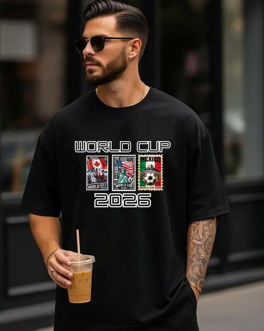 2026 World Cup Shirt, Oversized Soccer Tee, USA Vintage Canada Mexico Graphic Tee, Retro Football Fan Gift - 黑色 - 查看 1