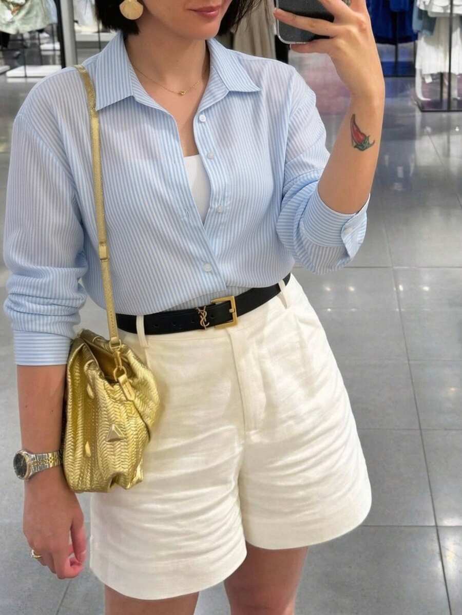 Women's Linen T-Shirt With Frenchy Striped Print, Dropped Shoulder, Buttons And Long Back. - Xanh nhạt 2 - Xem 1