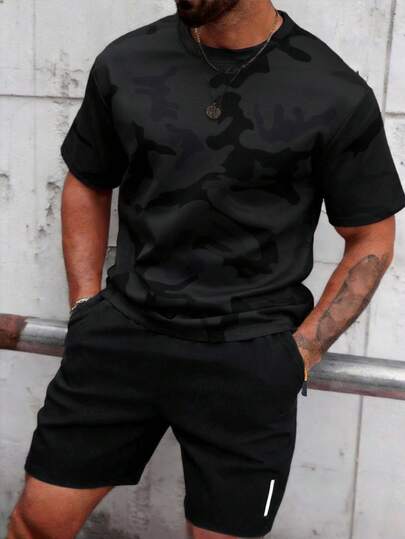 Bộ đồ thể thao nam tay ngắn họa tiết rằn ri, bộ quần short thể thao ngoài trời thời trang.