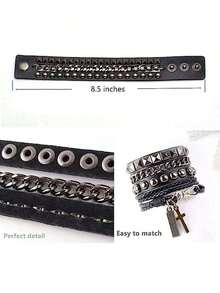 Punk Leather Cuff Bracelet - Goth Rock Leather Wristband With Chain - Đen - Xem 3