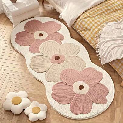 1 pieza Alfombra decorativa asimétrica con 3 flores, decoración de dormitorio, alfombra pequeña, alfombra de sala de estar, lavable, alfombra de felpa gruesa para otoño/invierno