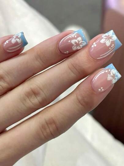 Square-Shaped Pressed Nail-Shaped Blue French-Style Nail Stickers - Fake Nails - Plain Fake Nails - Fresh Flower Pattern All-Over Glossy Nail Polish - Suitable For Women - 24 Pairs