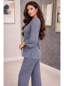 Women's Set: Long-Sleeved High-Neck Blouse And High-Waisted Wide-Leg Pants In Knit Fabric, Winter/Cold Weather Knit, Suitable For Holidays. - 淺灰色 - 查看 2