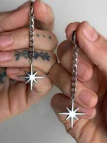 1pair Rock Punk Eight Pointed Chain Tassel Earrings Unisex Gothic Puncture Ear Studs Eight Awn Pendant Eardrop Fashion Jewelry Accessories - 耳環 - 查看 2