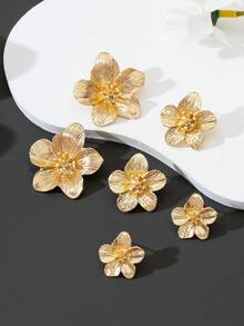 3对时尚优雅的金色纹理金属五瓣花耳环，百搭耳环套装，适合成年女性的礼物 - 金黃色 - 查看 1