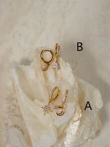 2件套复古浪漫奢华铜质锆石圆形星月水滴吊坠耳环，适合女性日常、派对、浪漫约会、节日佩戴 - 金黃色 - 查看 3