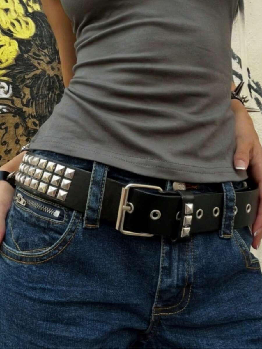 1件男女通用纯色朋克摇滚铆钉亮片水晶装饰腰带，适合青少年、休闲、户外、运动、度假、旅行、毕业典礼、生日、日常穿着 - 黑色 - 查看 1