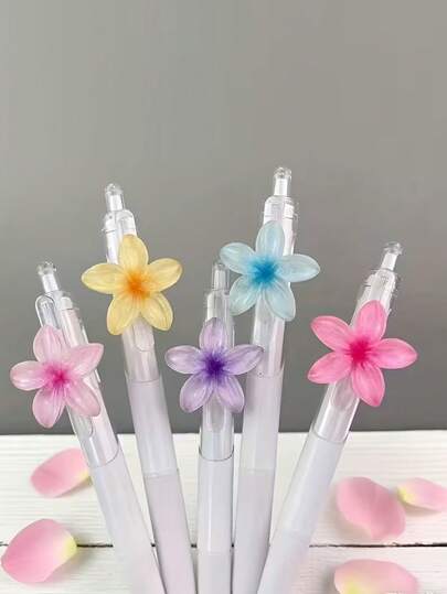 5pcs/Set Random Cute Floral Ballpoint Pens, 0.5mm Black Quick-Drying Ink, Lightweight Durable Plastic Body, Creative Stationery Suitable For Office & Daily Use, Perfect Professional Gift
