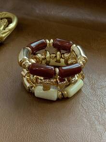 3pcs/Set Vintage Boho Thick Multi-Layer Brown Acrylic Beaded Bracelet, Fashion Luxury Accessory For Women, Couples, Party, Daily Wear - Multicolor - View 4