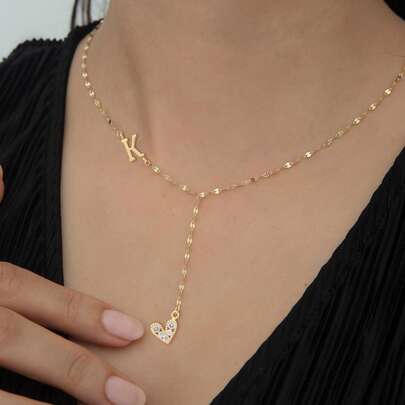 1pc New Fashion Initial Heart Pendant Gold Color Stainless Steel Lip Chain Necklace For Women
