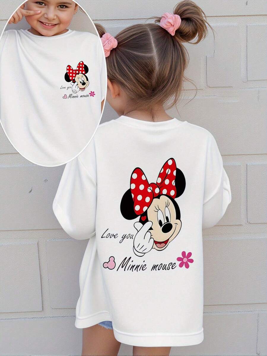 Disney Licensed Minnie Mouse "Love You" Double-Sided Print Girls Cute Sweatshirt Soft Comfortable Casual Everyday Wear - trắng - Xem 1