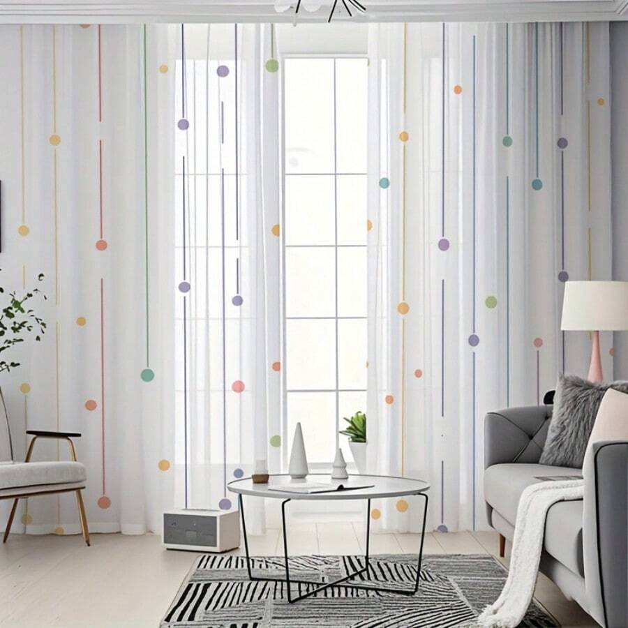两片波点条纹薄纱窗帘，以半透明的白色背景衬托出彩色条纹和几何波点图案。这款薄纱面料非常适合卧室/游戏室。杆袋式设计营造出现代而充满活力的装饰效果。 - 彩色 - 查看 1