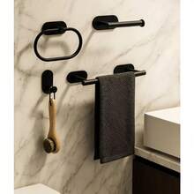 4-Piece Stainless Steel Bathroom Accessory Set - Includes Towel Bar, Toilet Paper Holder, And Bathrobe Hook - No Drilling Required, Easy Installation - Great For Bathroom Decor And Organization, Modern Bathroom Set | Durable Bathroom Accessories - 黑色 - 查看 1